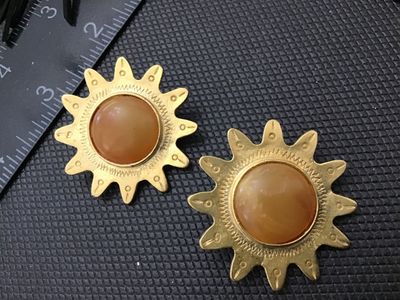 Vintage Gold-Tone Sunburst Pierced Post Earrings with Amber Cabochons