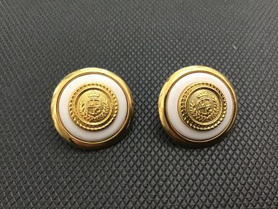 Vintage LCI Gold Tone and White Enamel Crest Button Earrings