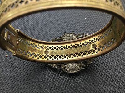 Vintage Art Deco Filigree Hinged Cuff Bracelet with Pastel Cabochons rhinestone