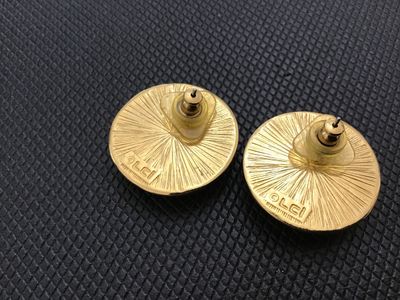Vintage LCI Gold Tone and White Enamel Crest Button Earrings