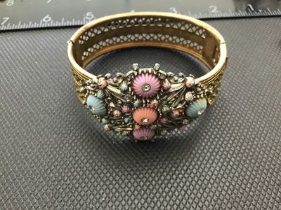 Vintage Art Deco Filigree Hinged Cuff Bracelet with Pastel Cabochons rhinestone