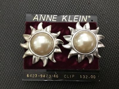 Vintage Anne Klein Silver Tone Sunburst Faux Pearl Clip-On Earrings