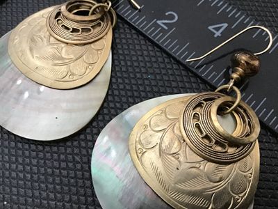 Vintage Brass and Gold Tone - Mother of Pearl Dangle Earrings