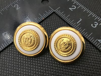 Vintage LCI Gold Tone and White Enamel Crest Button Earrings