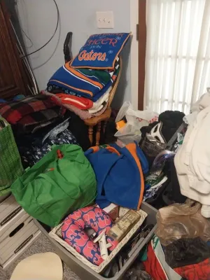 Assorted household goods and textiles, including Florida Gators themed blankets and pillows, a pink elephant neck pillow, and various...