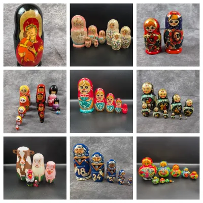 A nine-photo grid displaying various sets of hand-painted Russian nesting dolls (matryoshka), featuring themes such as religious icons,...
