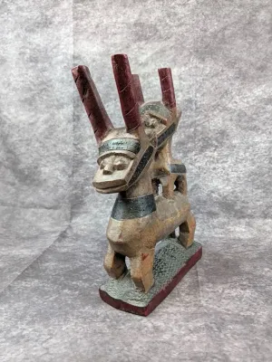 African carved wood antelope figure pair on base polychrome 1