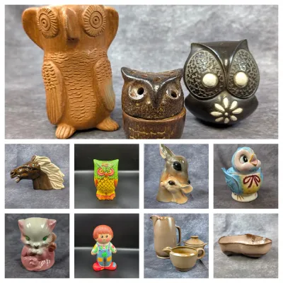 Collection of vintage ceramic, pottery, and resin figurines including various owl statues, animal decor, and tea set pieces.
