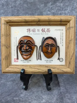 Framed Korean traditional mask display featuring miniature Yangban and Bune masks, presented in a light oak frame with a black display...