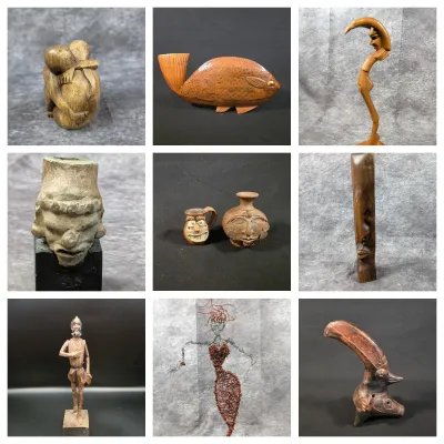 A nine-photo collage featuring a collection of vintage folk art sculptures, including carved wood figures, ceramic face vessels, and a...
