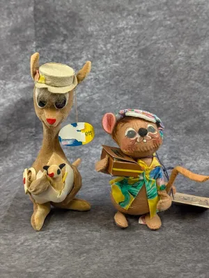 Pair of vintage Annalee Mobilitee felt figurines, featuring a mother kangaroo with joey and a dressed mouse carrying a camera.