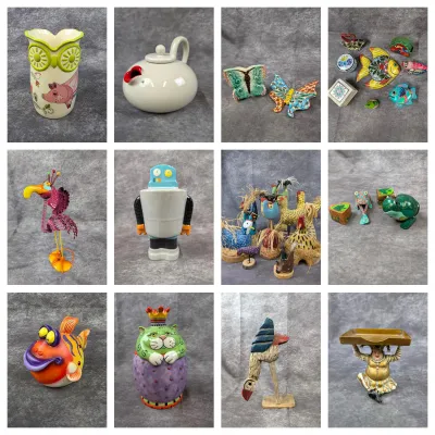 A 12-photo collage showing whimsical ceramics, folk art bird sculptures, a ceramic robot figurine, colorful fish, and decorative trinket...