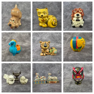 A nine-panel grid displaying various vintage and contemporary ceramic figurines, animal-themed cookie jars, and decorative collectibles.