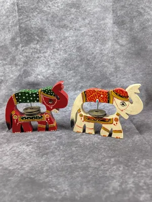 Pair of hand-painted wooden elephant chimes featuring intricate traditional motifs and metal cymbals inside.