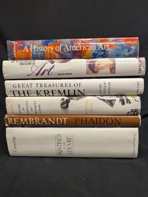 Stack of six vintage art history books, including titles on American art, the Kremlin, Renaissance art, Rembrandt, and paintings in the...