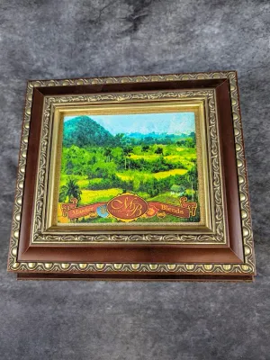 Oliva Master Blends wooden cigar box featuring an ornate framed lid with a colorful landscape illustration.