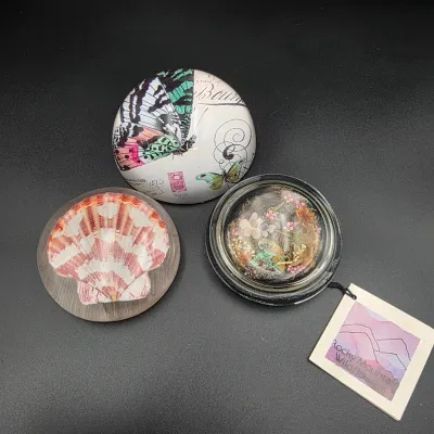 Trio of decorative glass paperweights featuring a printed butterfly design, an embedded seashell, and pressed dried wildflowers.
