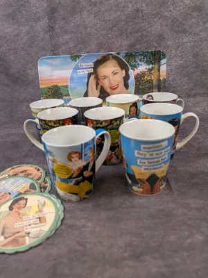 Collection of retro-style novelty mugs, coasters, and a serving tray featuring humorous vintage-inspired illustrations and quotes.