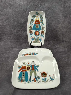 Vintage Figgjo Lotte mid-century Scandinavian ceramic serving dish and divided tray set featuring whimsical folk art illustrations.