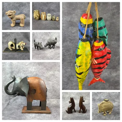 Photo collage featuring a variety of animal figurines, including colorful hanging painted wooden fish, carved wood and metal elephants,...