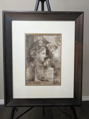 Framed mixed media or collage artwork depicting classical-style faces in a cubist composition, presented in a wide dark wood frame with a...