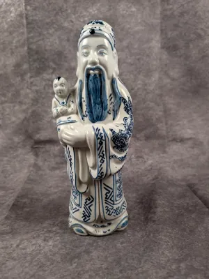 Vintage Chinese blue and white porcelain Fu Lu Shou figurine depicting a wise elder holding a child, featuring detailed hand-painted...