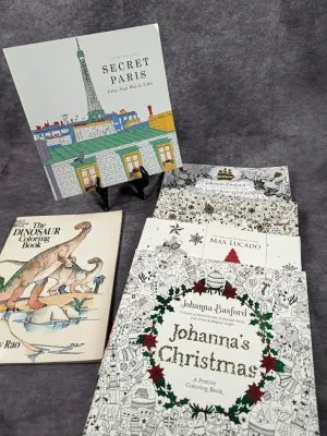 Collection of adult and children's coloring books, including titles by Johanna Basford, Zoé de Las Cases, and a Dover dinosaur...