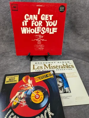 Selection of vintage Broadway musical vinyl LP records, including 'I Can Get It for You Wholesale', 'Les Misérables',...