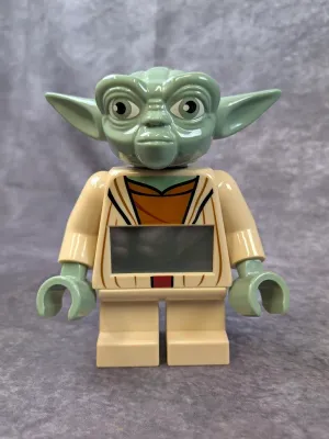 Lego Star Wars Yoda minifigure alarm clock, featuring a digital display screen on the torso.