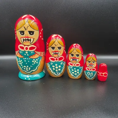 Novelty five-piece hand-painted wooden nesting doll set featuring monster or vampire characters with sharp teeth and red headscarves.