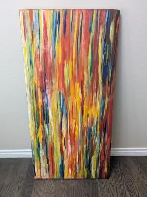 Large vertical abstract painting on canvas, featuring a textured, multi-colored composition of vertical drips and brushstrokes in shades...