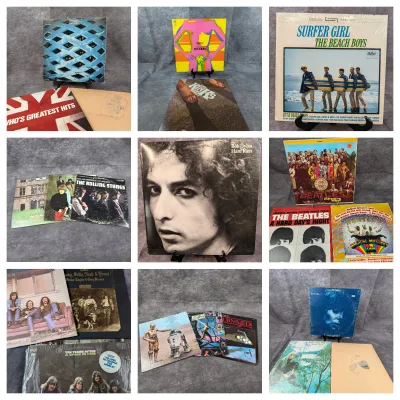 Grid selection of classic rock and pop vinyl LP records, including albums by The Who, The Kinks, The Beach Boys, Bob Dylan, The Beatles,...