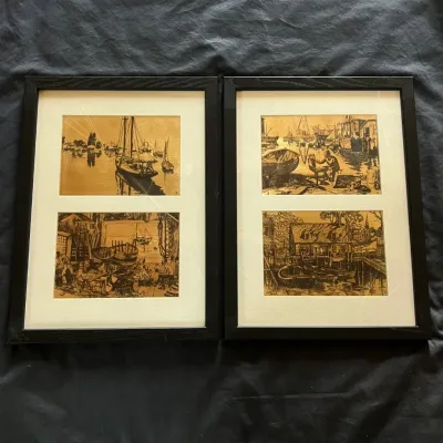 Sale Photo Thumbnail #73: 73 pair vintage metallic foil maritime harbor prints 4 coastal scenes