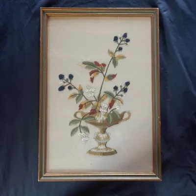 Sale Photo Thumbnail #103: 105 1961 hand embroidered floral urn needlework framed textile art