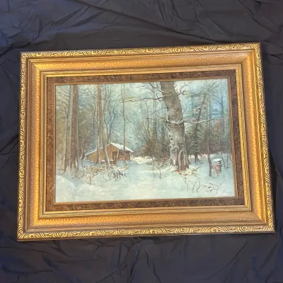 Sale Photo Thumbnail #131: 133 e davis signed original winter landscape painting snowy cabin