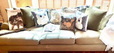 Three-cushion sofa in a light sage green fabric, styled with various decorative throw pillows including owl and squirrel motifs.