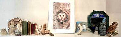 Collection of owl-themed decor, including a matted print of a screech owl in a tree hollow, various ceramic and stone owl figurines, and...