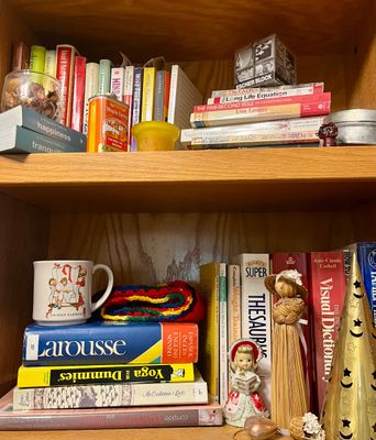 Wooden bookshelf filled with various books, including a Larousse Spanish-English dictionary and Yoga for Dummies, alongside decorative...