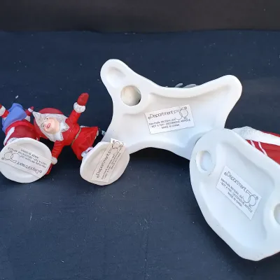 LOT 131: Department 56 Peppermint Skating Party, Untangle the Christmas Lights, A Busy Elf and Elf Bunkhouse