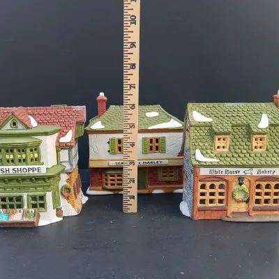 LOT 163: Department 56 Dickens' Village Series Mermaid Fish Shoppe, White Horse Bakery and Scrooge and Marley Counting House