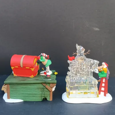 LOT 131: Department 56 Peppermint Skating Party, Untangle the Christmas Lights, A Busy Elf and Elf Bunkhouse