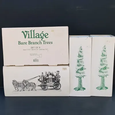 LOT 132: Department 56 Holiday Coach, Pole Pine Trees and Bare Branch Trees