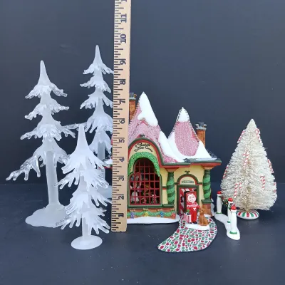 LOT 129: Department 56 North Pole Series Santa's Visiting Center Gift Set with Village Icicle Trees