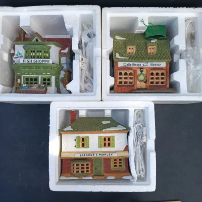 LOT 163: Department 56 Dickens' Village Series Mermaid Fish Shoppe, White Horse Bakery and Scrooge and Marley Counting House