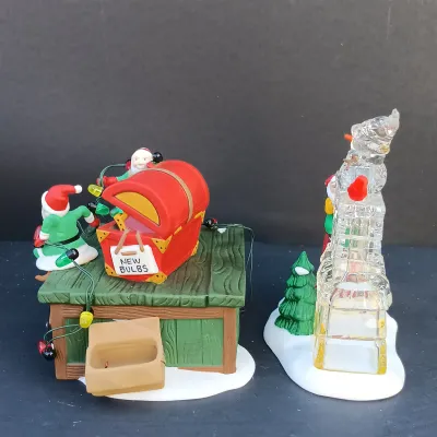 LOT 131: Department 56 Peppermint Skating Party, Untangle the Christmas Lights, A Busy Elf and Elf Bunkhouse