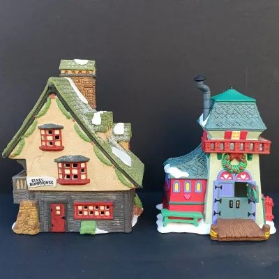 LOT 131: Department 56 Peppermint Skating Party, Untangle the Christmas Lights, A Busy Elf and Elf Bunkhouse