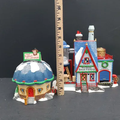 LOT 168: Department 56 North Pole Series Real Plastic Snow Factory and Tillie's Tiny Cup Café