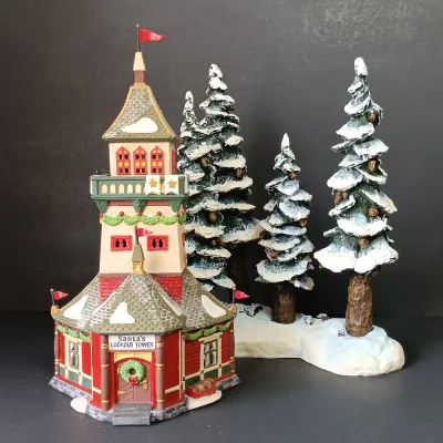 LOT 172: Department 56 North Pole Series Santa's Lookout Tower and Village Pole Pine Forest