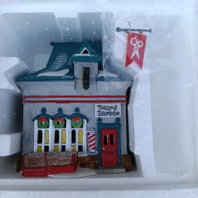 LOT 123: Department 56 North Pole Series Orly's Bell & Harness Supply, North Pole Express Depot and Beard Barber Shop