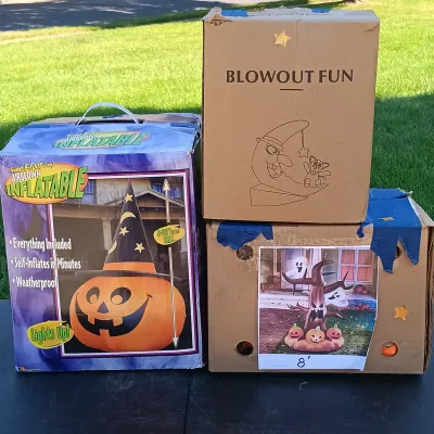 LOT 110: Inflatable 8ft Pumpkin, 8ft Halloween Tree and Witch Moon